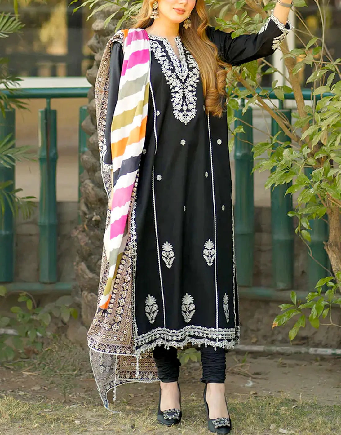 Elegant Embroidered Black Dhanak Dress for Women – Winter Formal Party Outfit