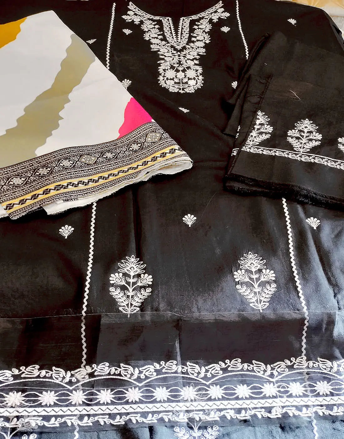 Elegant Embroidered Black Dhanak Dress for Women – Winter Formal Party Outfit