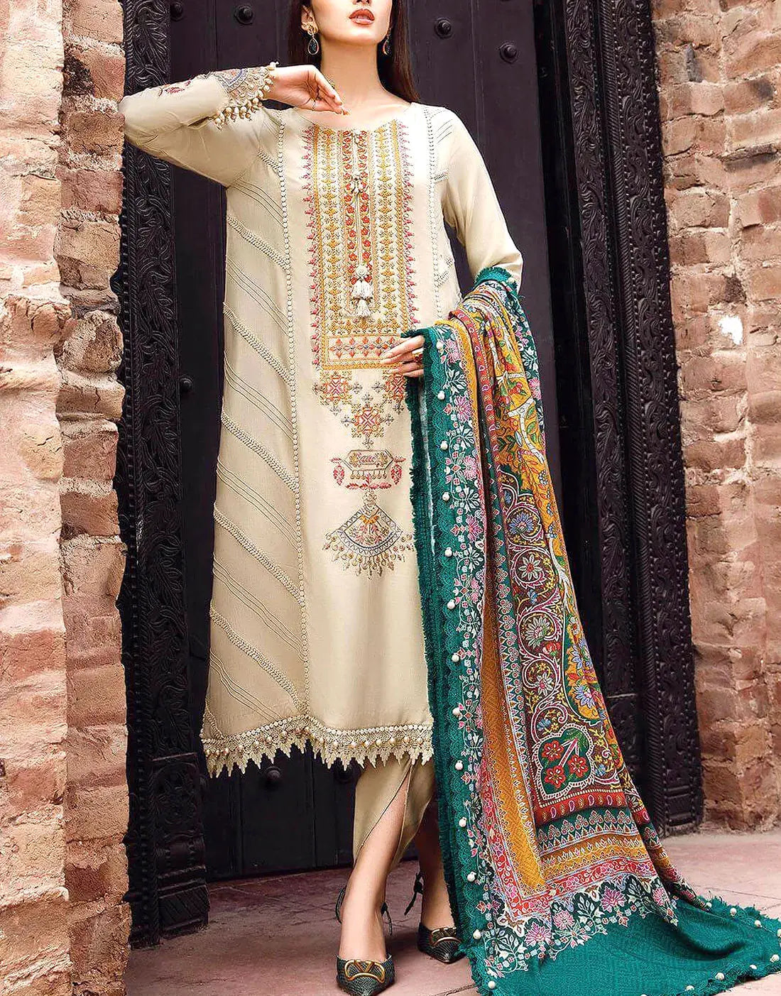 Traditional Embroidered Beige Dhanak Winter Dress with Dhanak Shawl