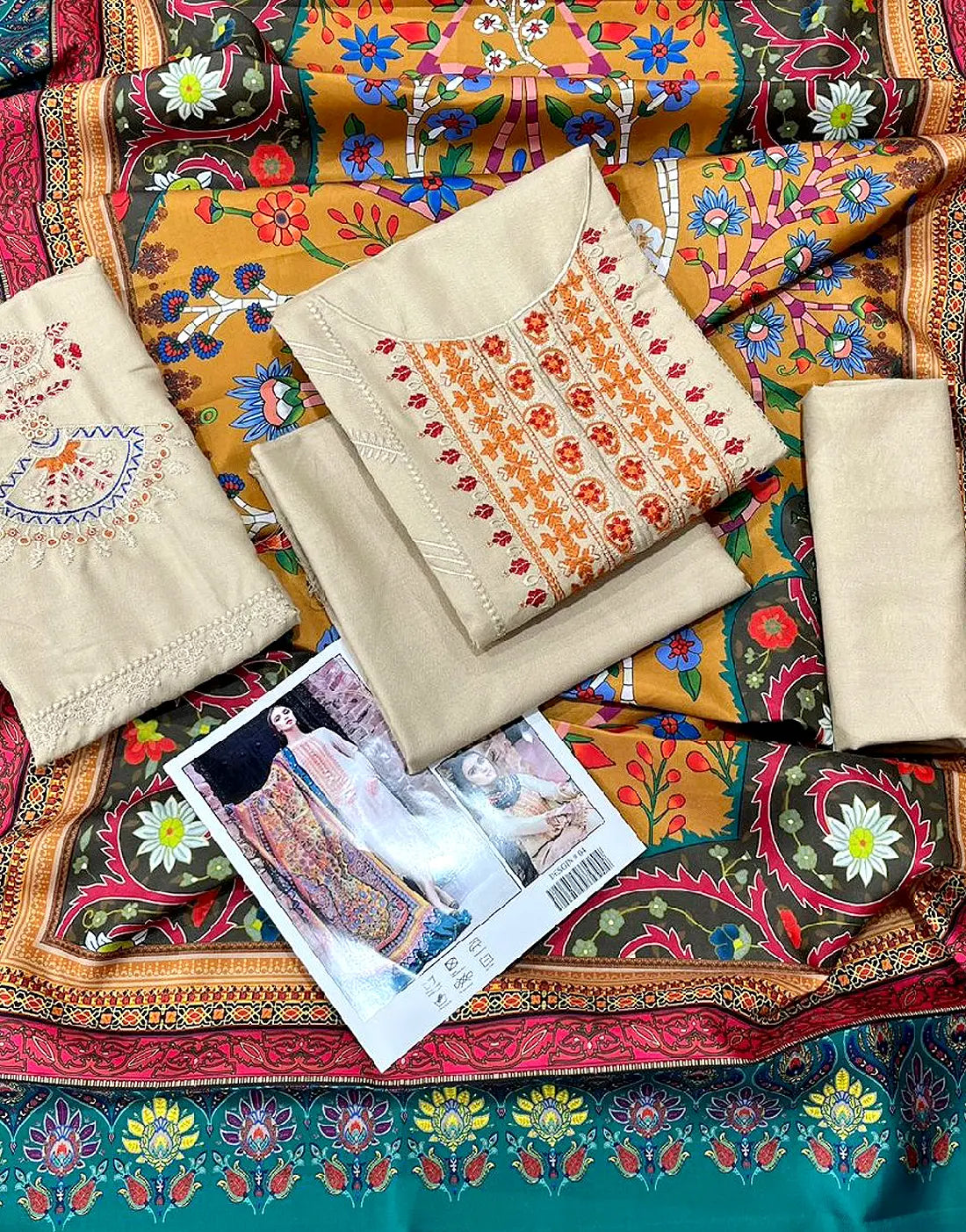 Traditional Embroidered Beige Dhanak Winter Dress with Dhanak Shawl