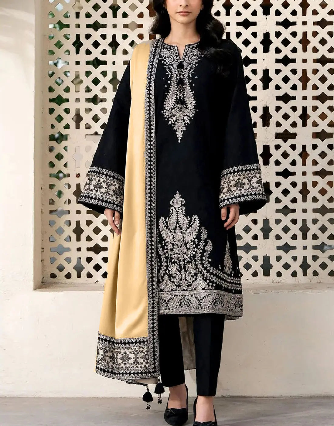 Premium Embroidered Black Dhanak Dress for Winter Festive Occasions