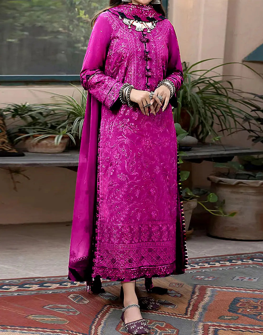 Heavy Sequins Embroidered Fuchsia Color Dhanak Dress for Winter Events