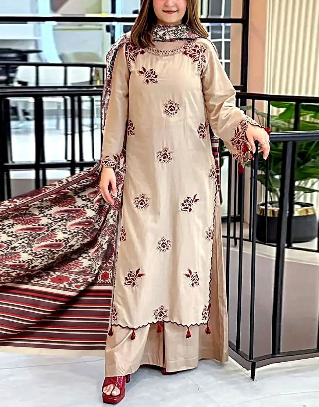Elegant Embroidered Skin Color Dhanak Dress for Winter