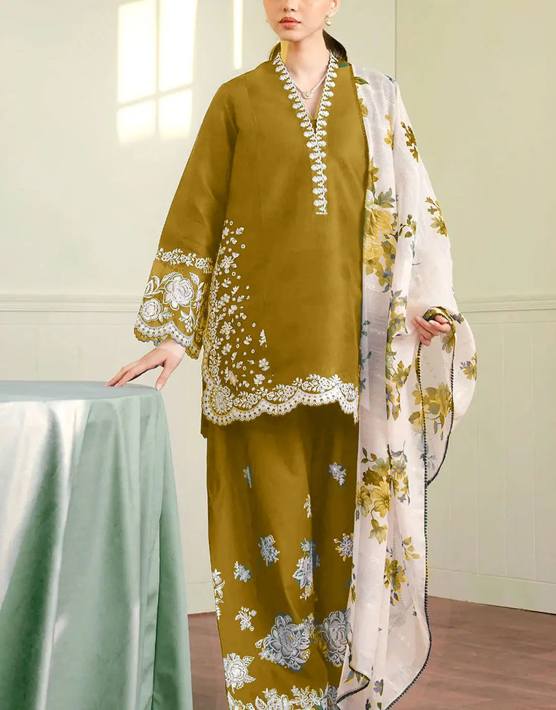 Most Demanding Embroidered Mustard Dhanak Dress with Embroidered Bottoms
