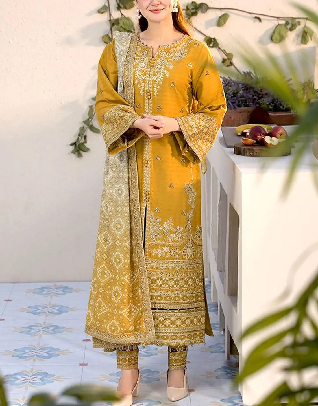 Heavy Embroidered Mustard Dhanak Winter Dress – Elegant Formal Wear for Women