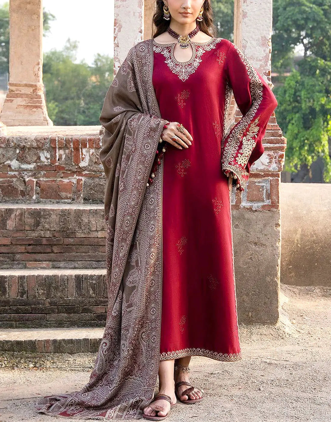 Delicate Embroidered Red Dhanak Winter Dress with Printed Dhanak Shawl