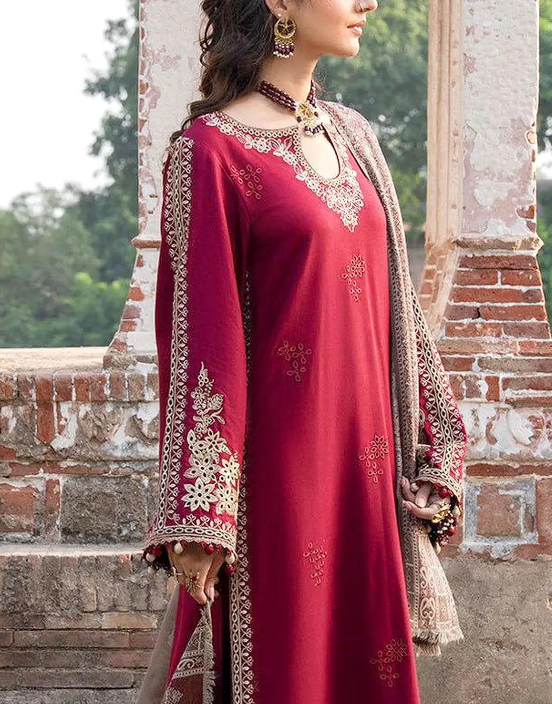Delicate Embroidered Red Dhanak Winter Dress with Printed Dhanak Shawl
