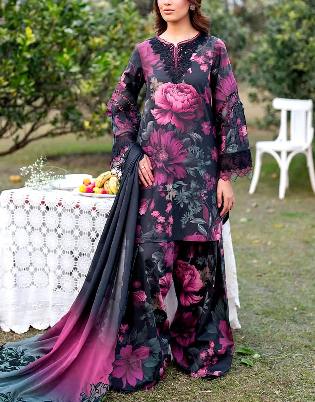 All-Over Digital Floral Print Dhanak Winter Dress with Dhanak Shawl