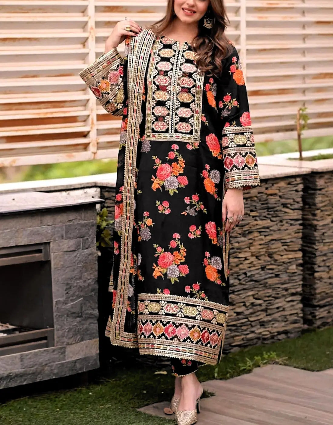 Aneela's Trending All-Over Print Black Dhanak Dress with Dhanak Shawl