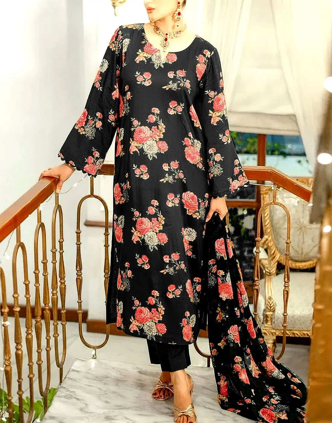 Aneela's Trending All-Over Print Black Dhanak Dress with Dhanak Shawl