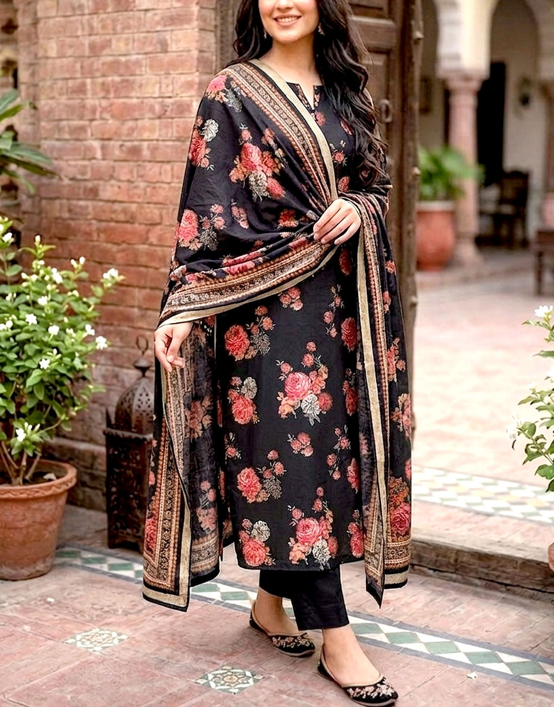 Aneela's Trending All-Over Print Black Dhanak Dress with Dhanak Shawl