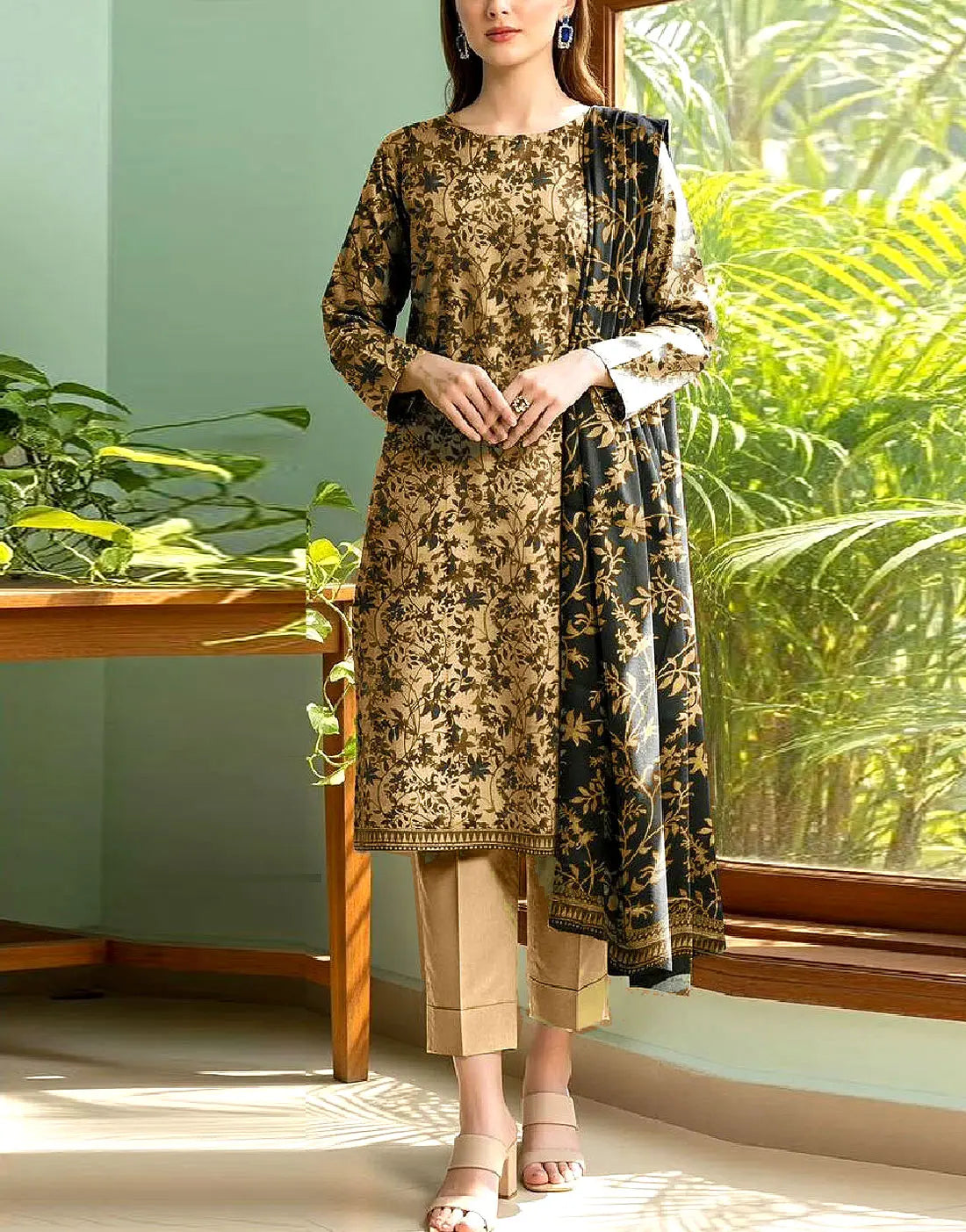 All-Over Digital Floral Print Dhanak Winter Dress with Dhanak Shawl