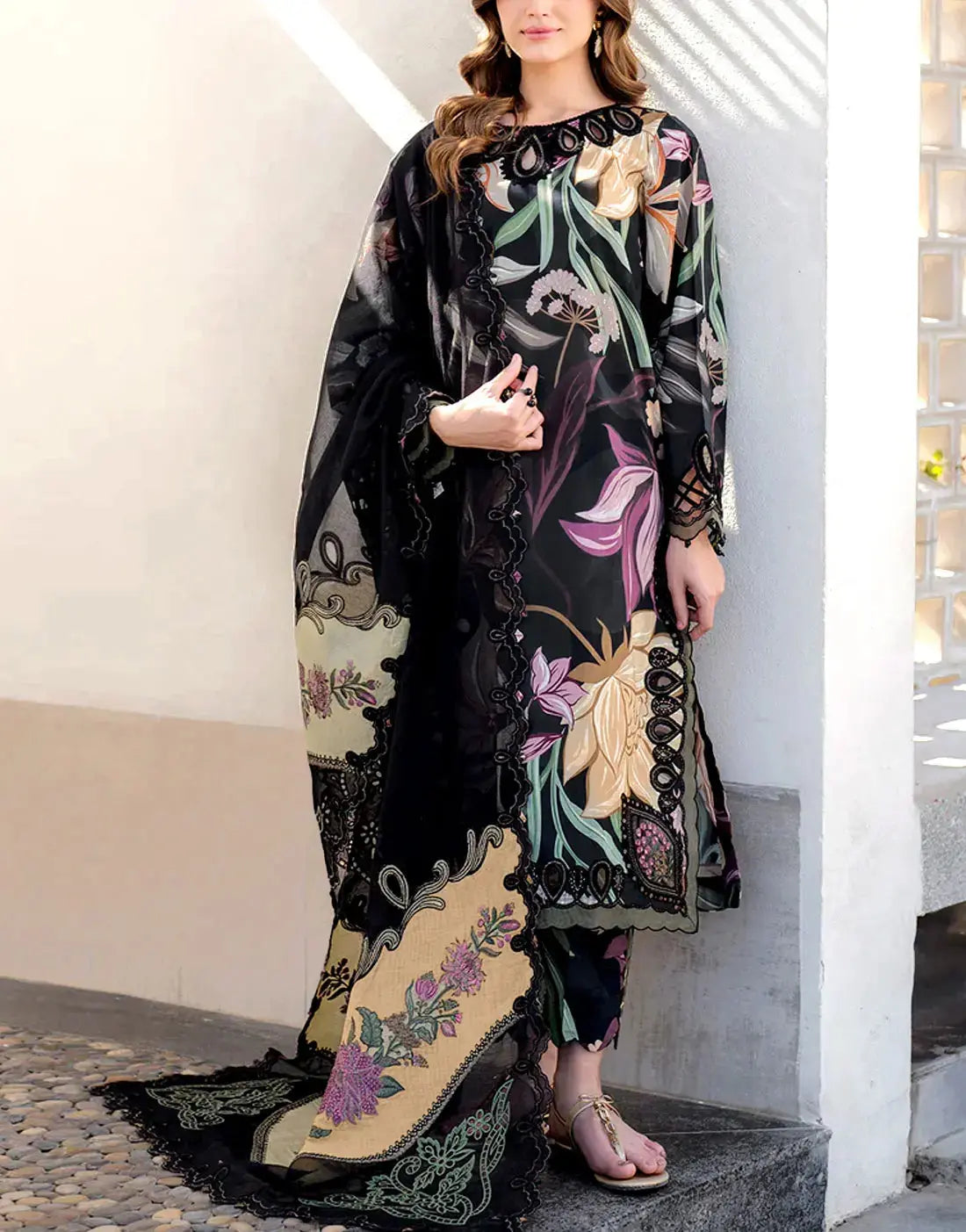 All-Over Digital Floral Print Dhanak Winter Dress with Dhanak Shawl