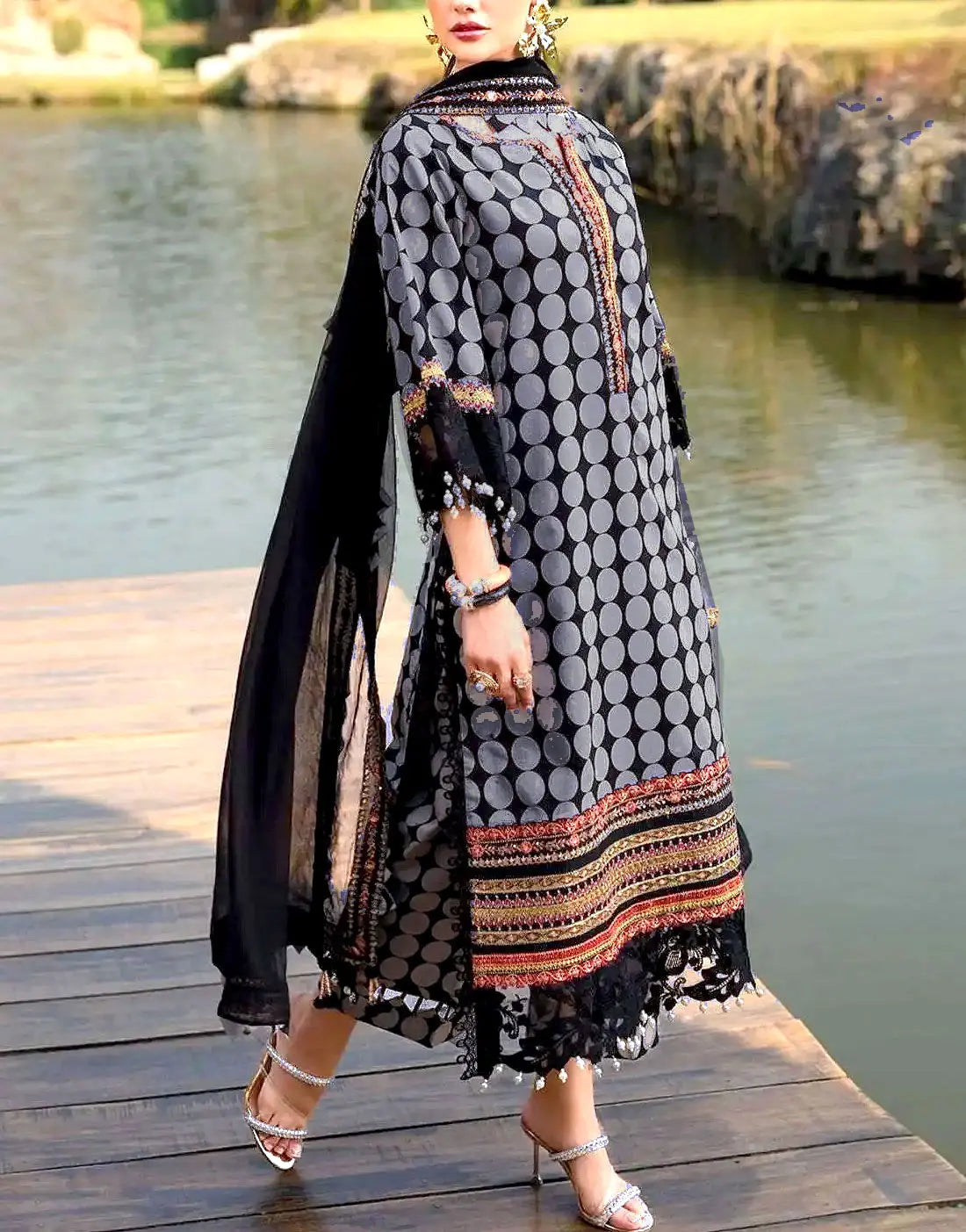 All-Over Digital Print Gray Dhanak Winter Dress with Dhanak Shawl