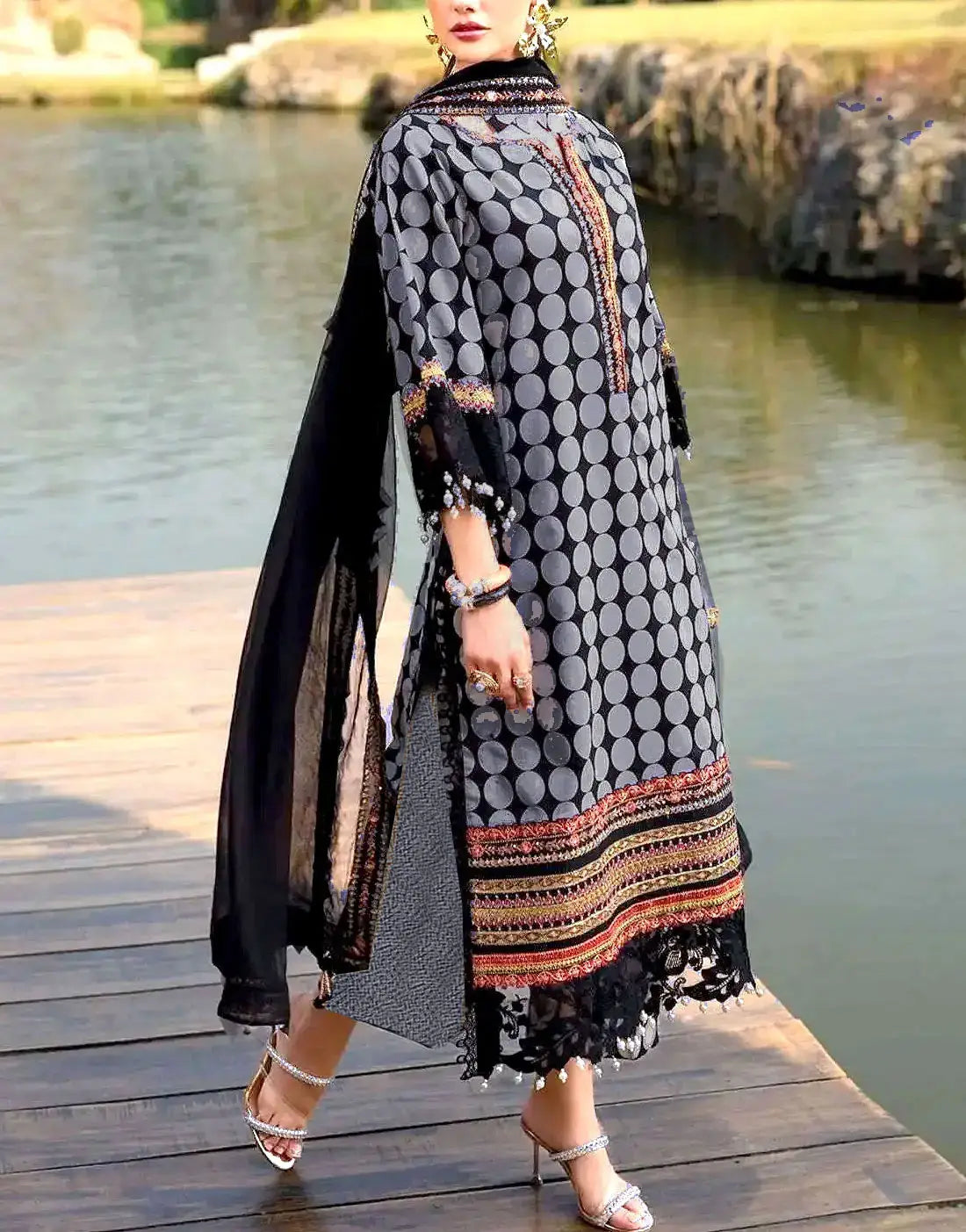 Digital Print Gray Dhanak Winter Dress with Dhanak Shawl