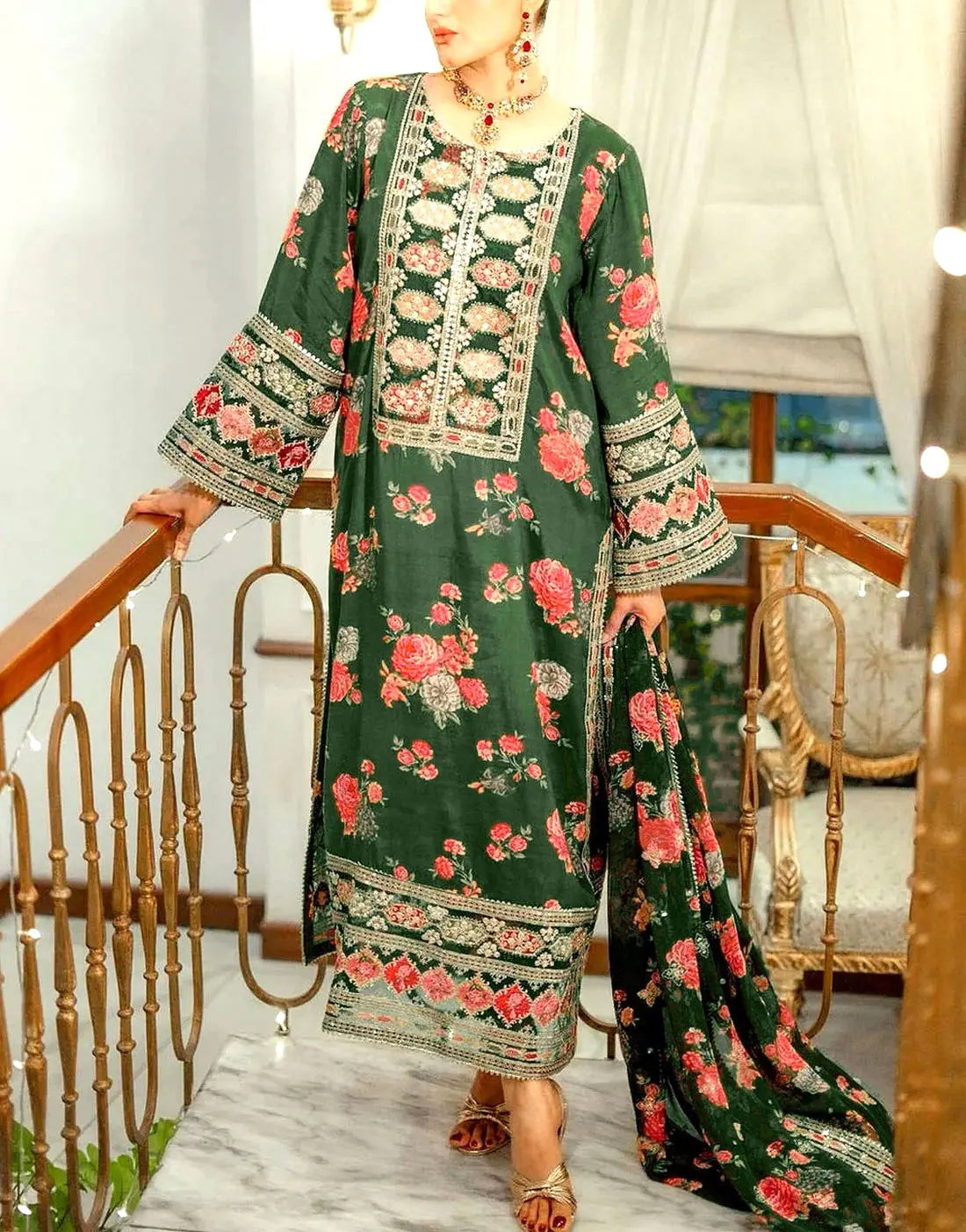 Aneela's Trending All-Over Print Green Dhanak Dress with Dhanak Shawl