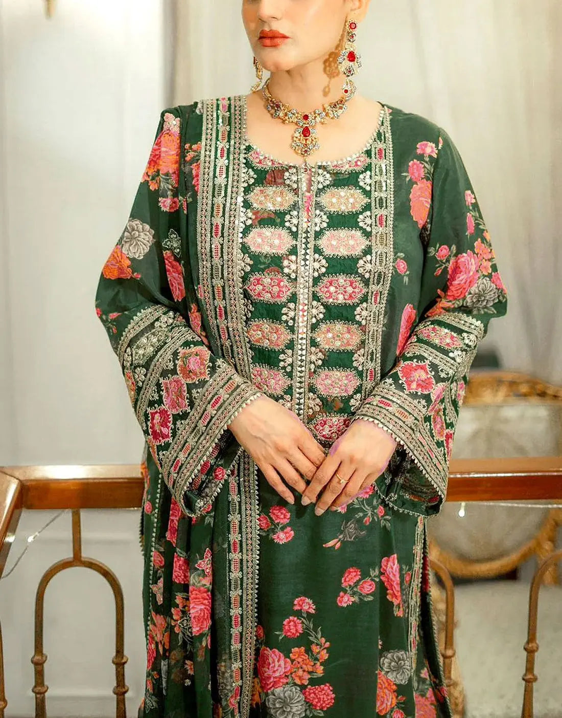 Aneela's Trending All-Over Print Green Dhanak Dress with Dhanak Shawl