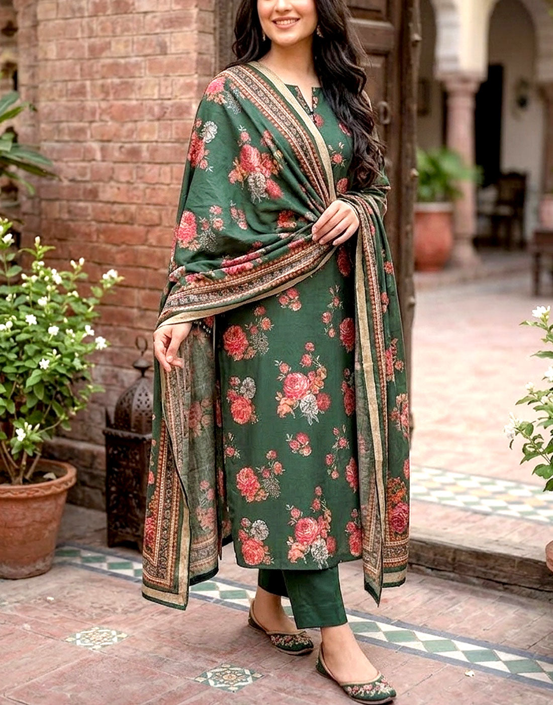 Aneela's Trending All-Over Print Green Dhanak Dress with Dhanak Shawl