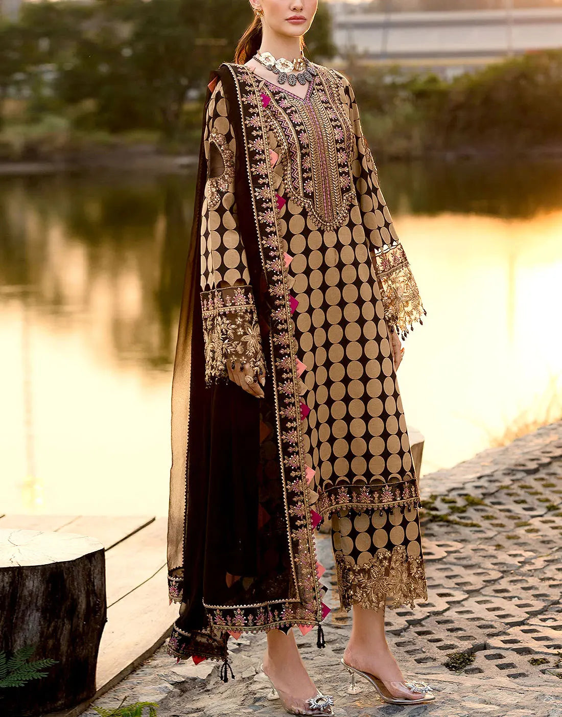 All-Over Digital Print Beige Dhanak Winter Dress with Dhanak Shawl