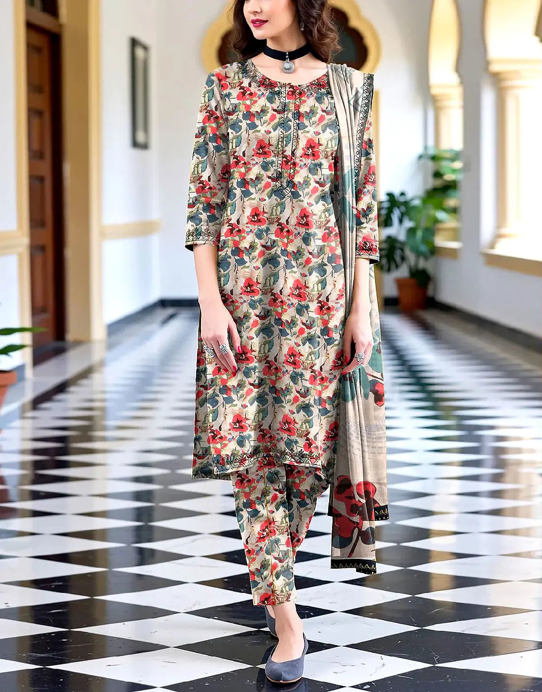 IB Jhalak 3-Piece Digital Print Khaddar Dress with Khaddar Dupatta