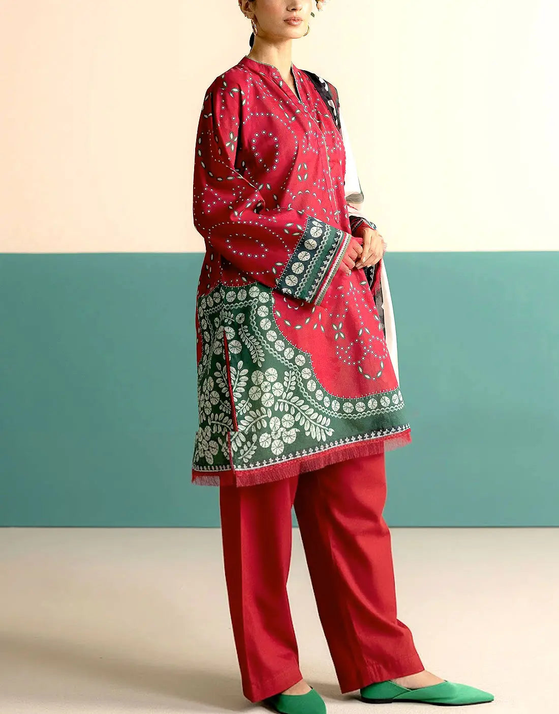 Trendy Digital Print Red Lawn Dress with Lawn Dupatta