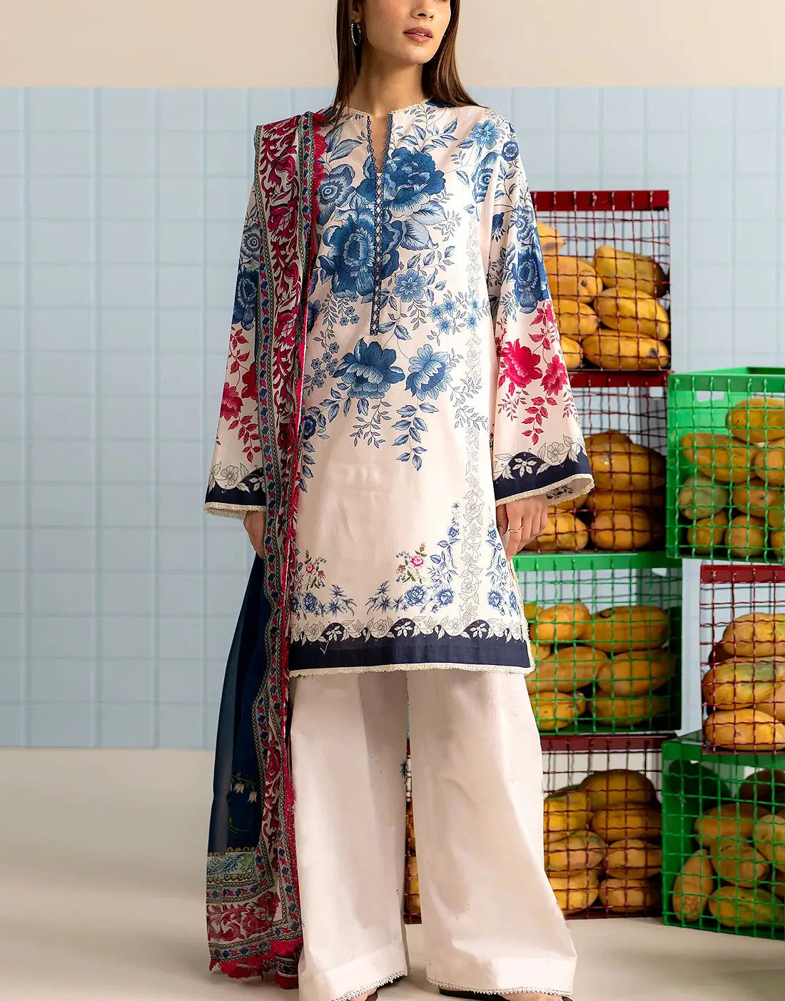 Trendy Digital Print Ivory Lawn Dress with Lawn Dupatta