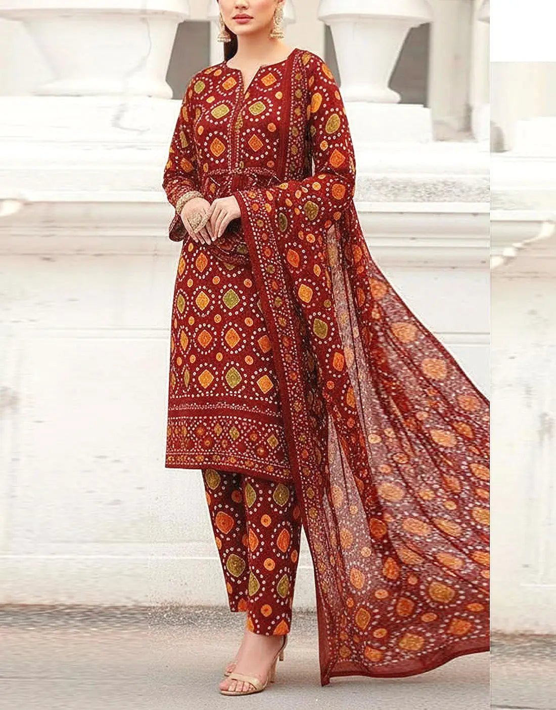 Stylish All-Over Digital Chunri Print Maroon Lawn Dress for Daily and Party Use