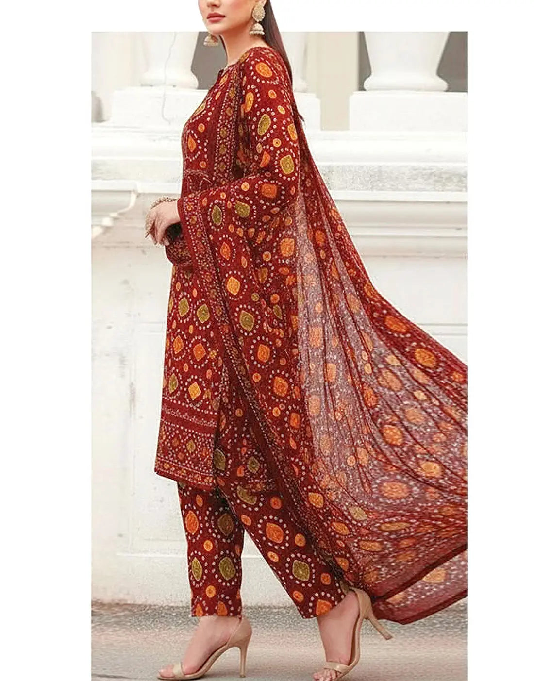 Stylish All-Over Digital Chunri Print Maroon Lawn Dress for Daily and Party Use