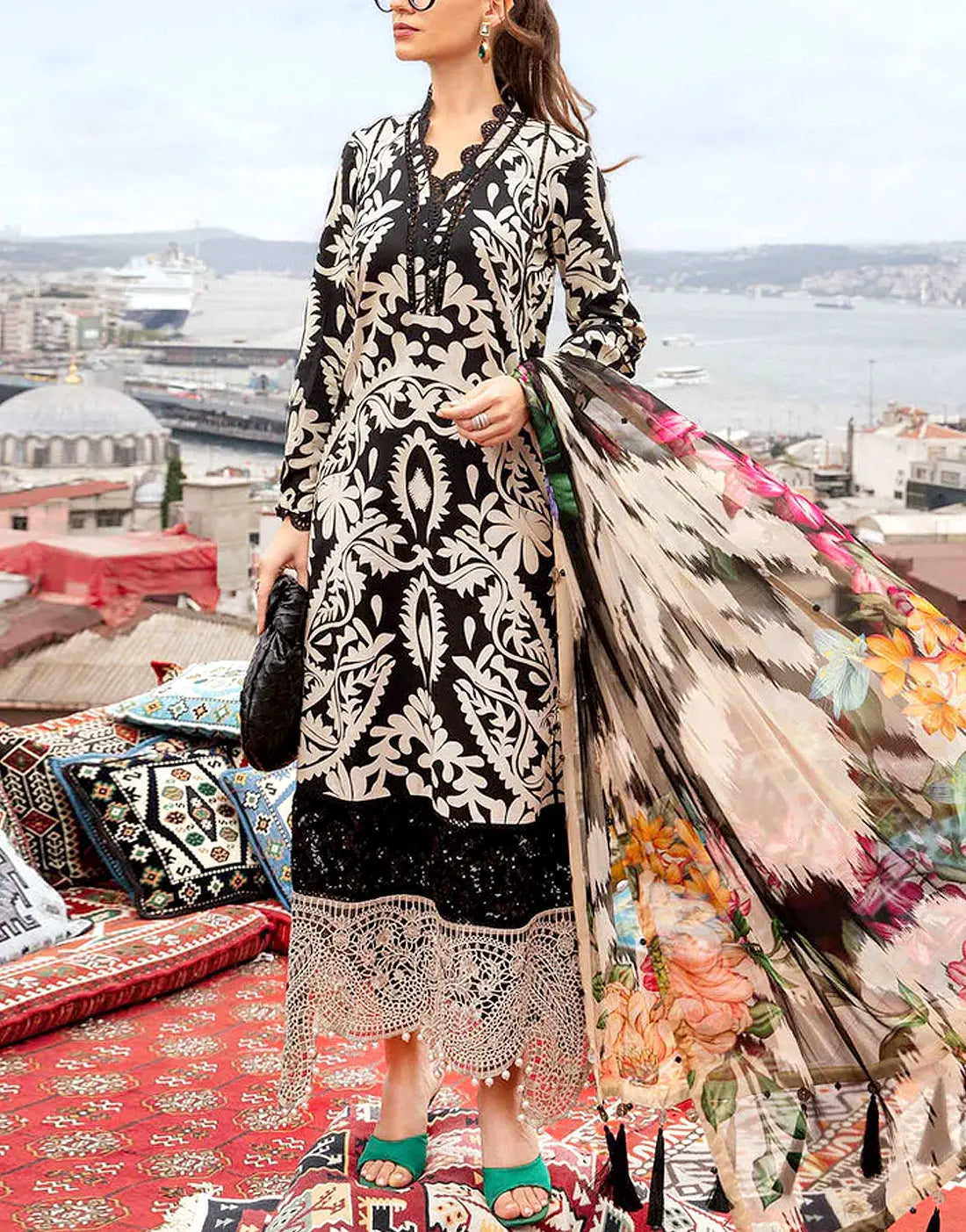 IB Bonanza All-Over Digital Print 3-Piece Linen Dress with Linen Dupatta