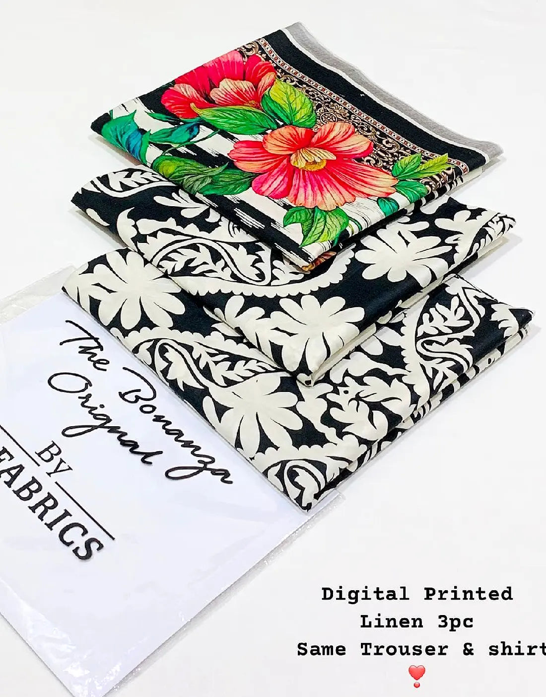 IB Bonanza All-Over Digital Print 3-Piece Linen Dress with Linen Dupatta