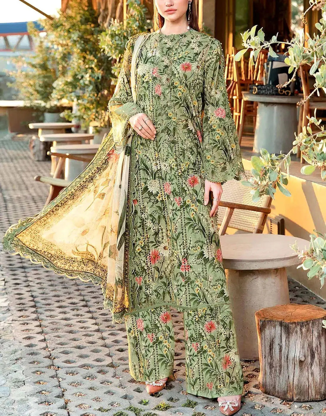 IB Bonanza All-Over Digital Print 3-Piece Linen Dress with Linen Dupatta