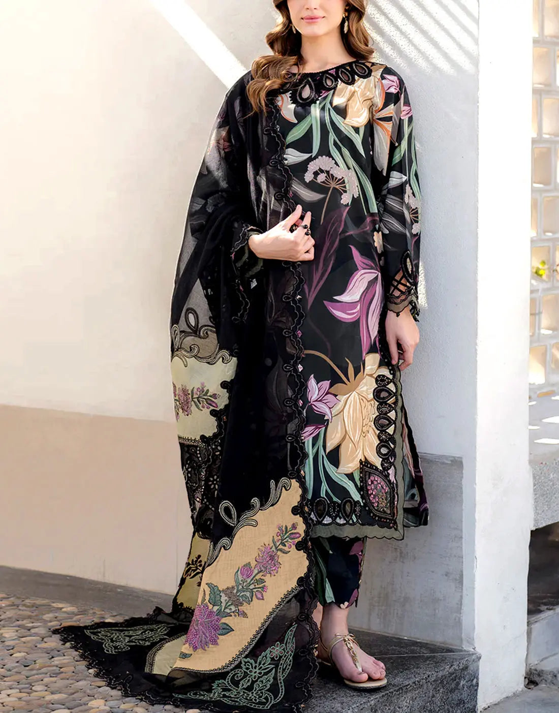 IB Bonanza All-Over Digital Print 3-Piece Linen Dress with Linen Dupatta