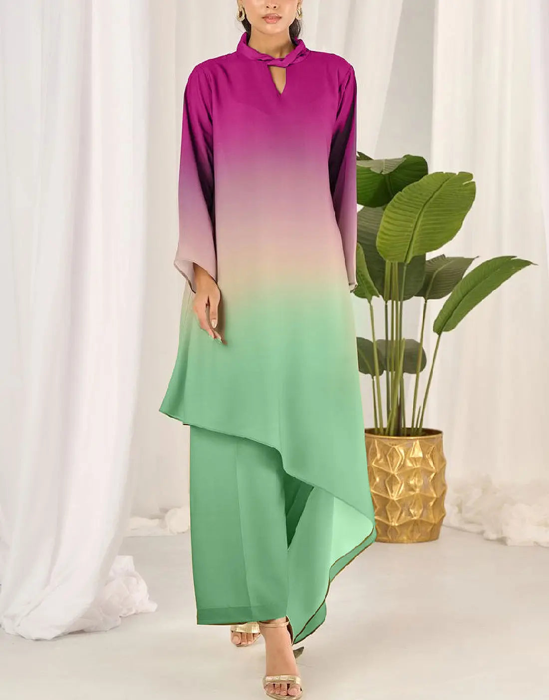 Trendy Ombre Style Digital Print Silk Dress for Girls