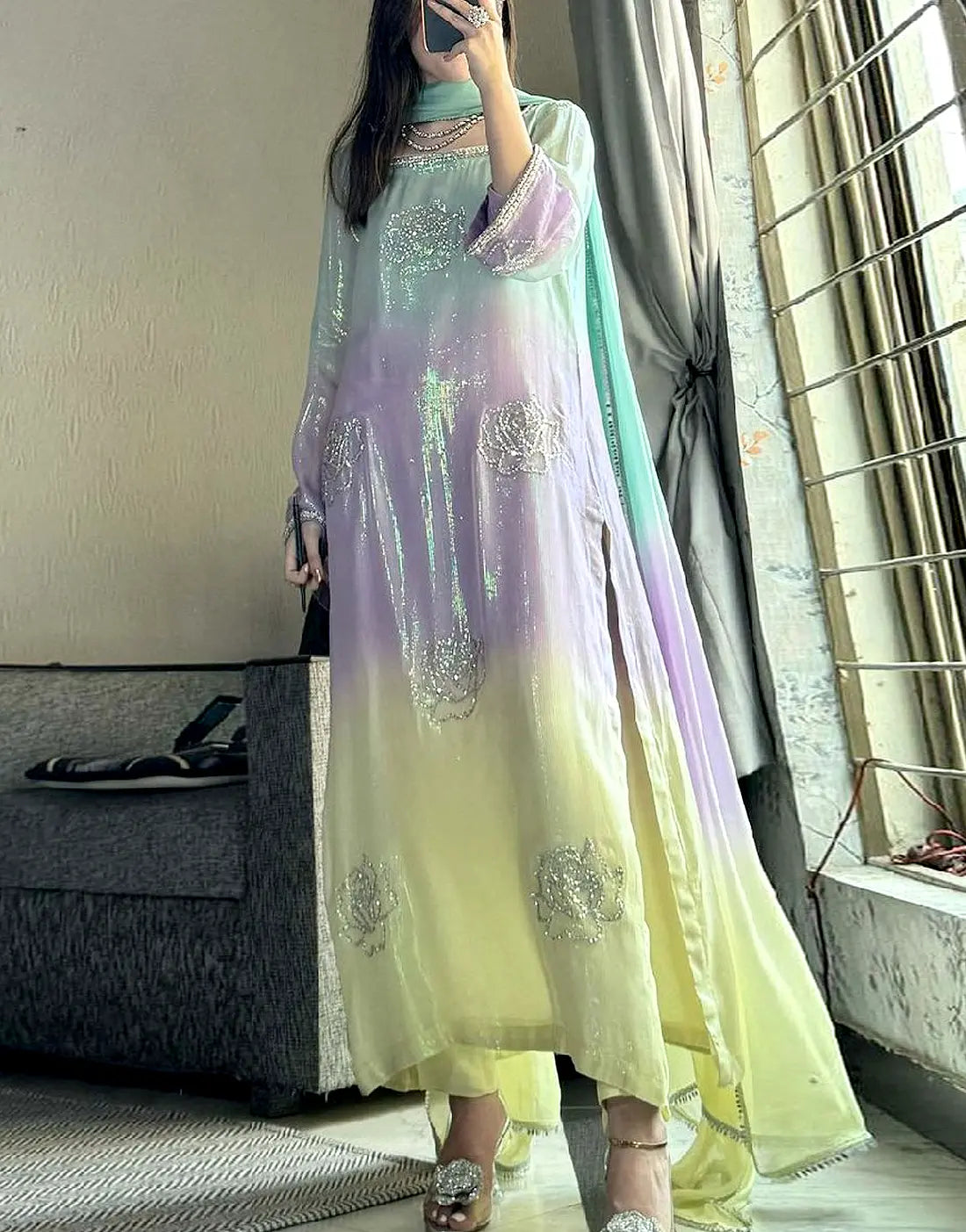 Trendy Ombre Style Digital Print Silk Dress for Girls
