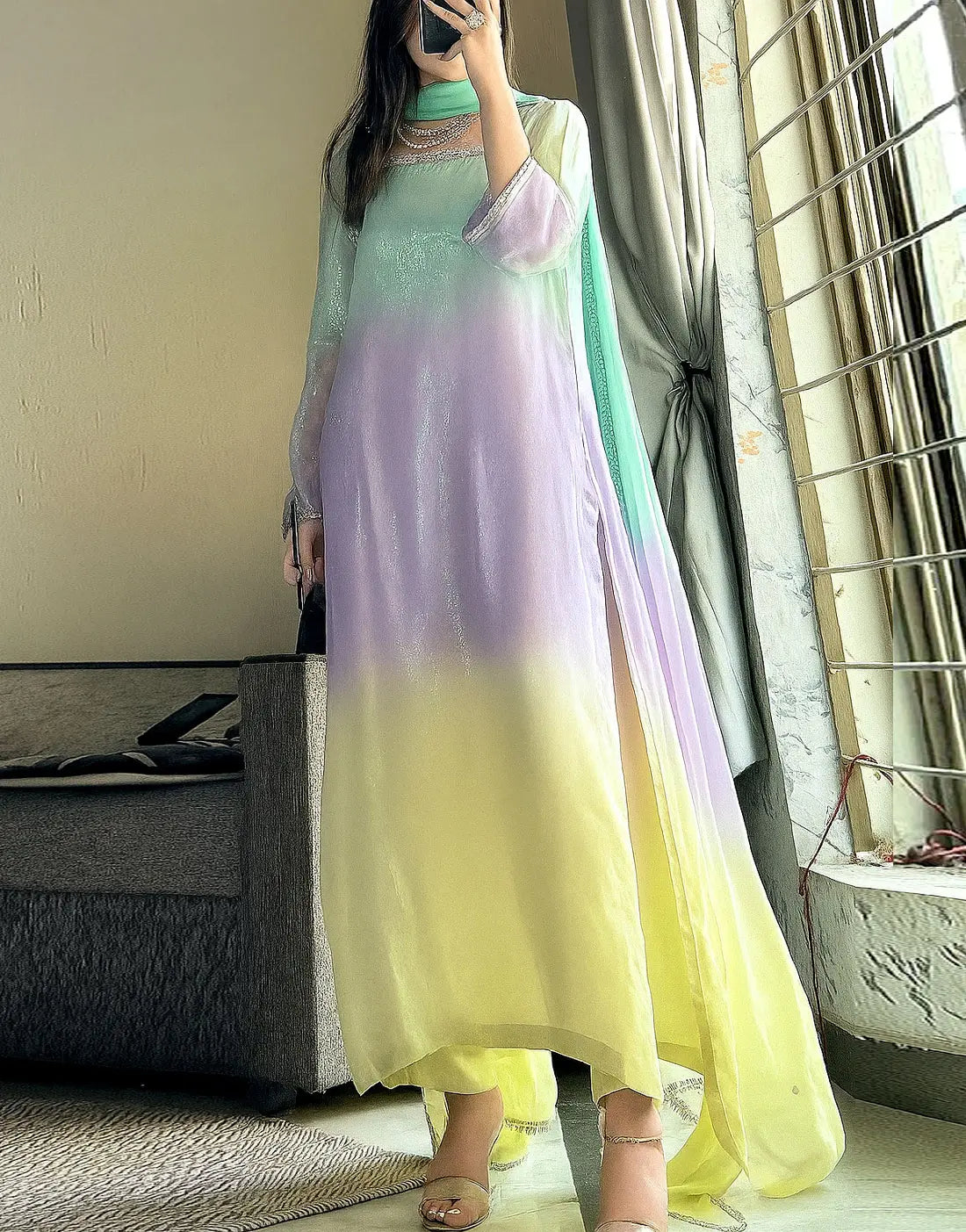 Trendy Ombre Style Digital Print Silk Dress for Girls