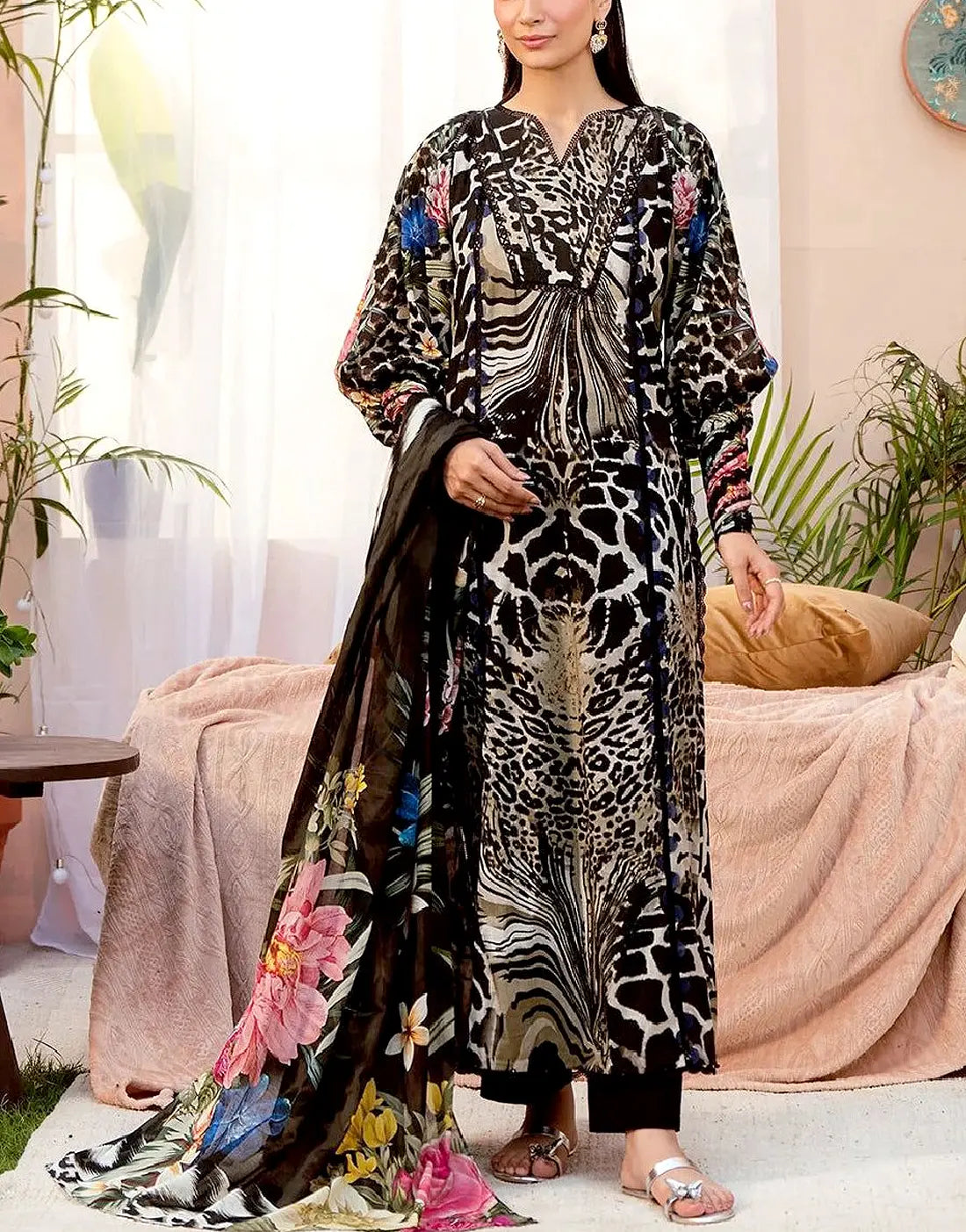 3-Piece Digital Leopard Print Silk Dress for Casual & Party Wear