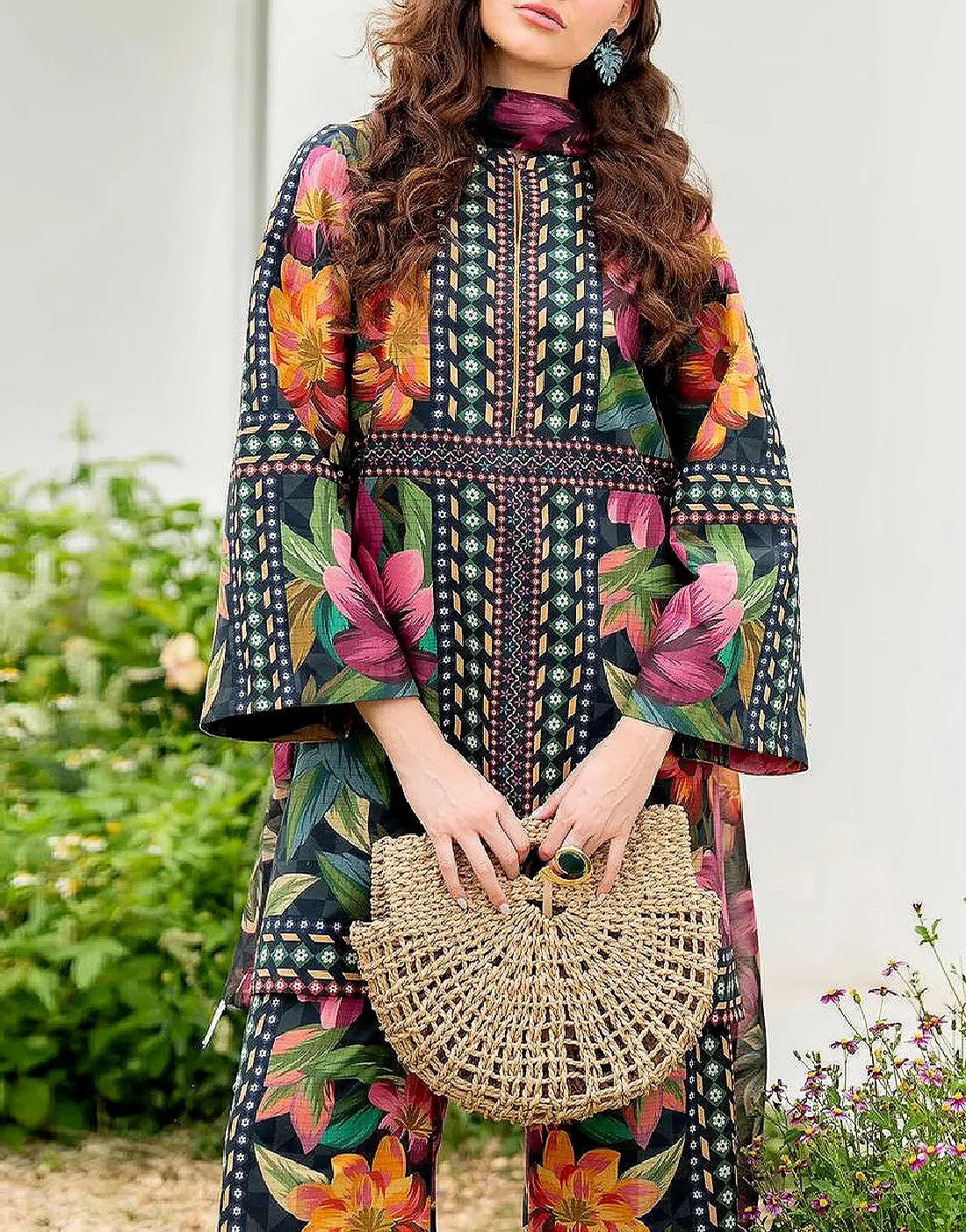 Trendy Digital Floral Print Swiss Lawn Dress with Silk Dupatta