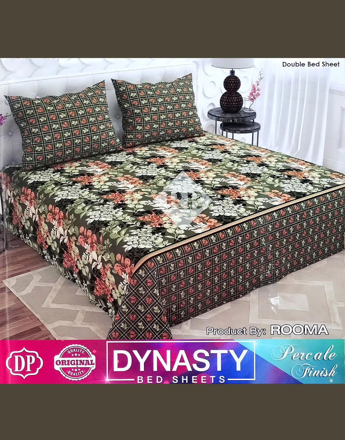 Dynasty 3-Piece Premium Cotton Dark Green Double Bedsheet with Pillow Covers