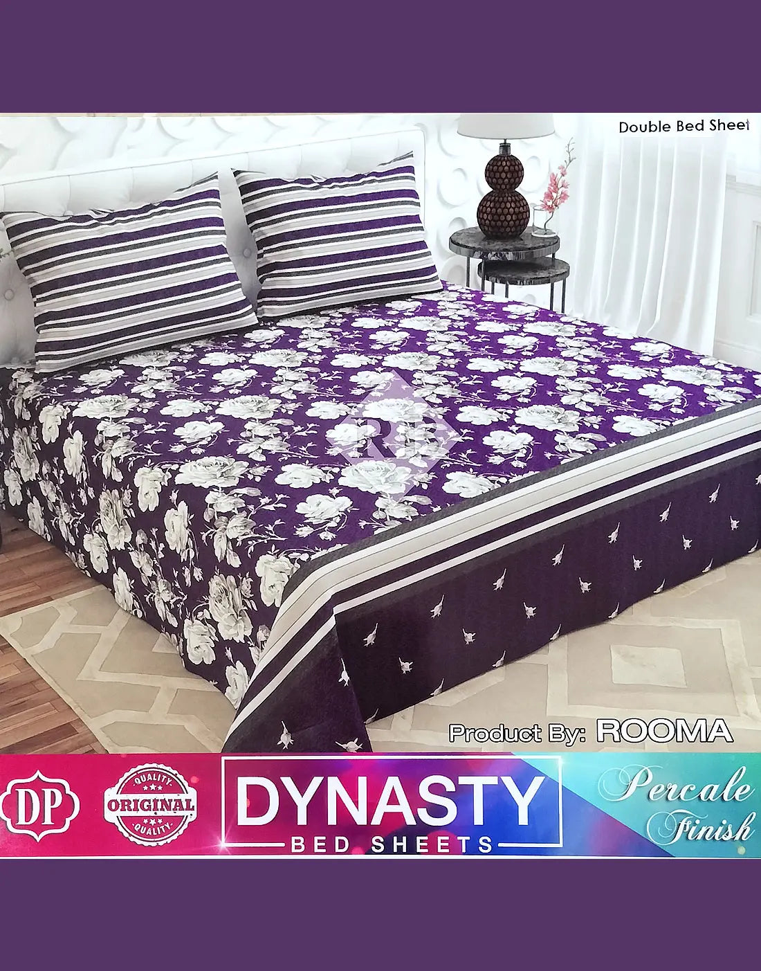 Dynasty 3-Piece Premium Cotton Purple King Size Bedsheet with Pillow Covers
