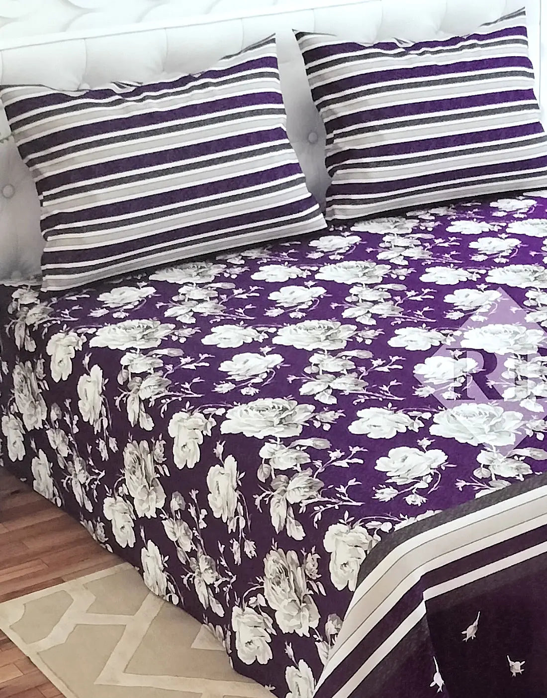 Dynasty 3-Piece Premium Cotton Purple King Size Bedsheet with Pillow Covers