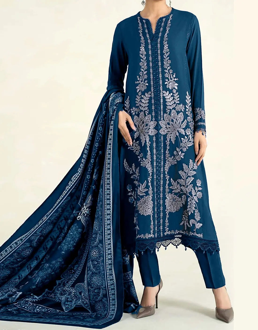 Decent Embroidered Zinc Color Linen Dress for Women
