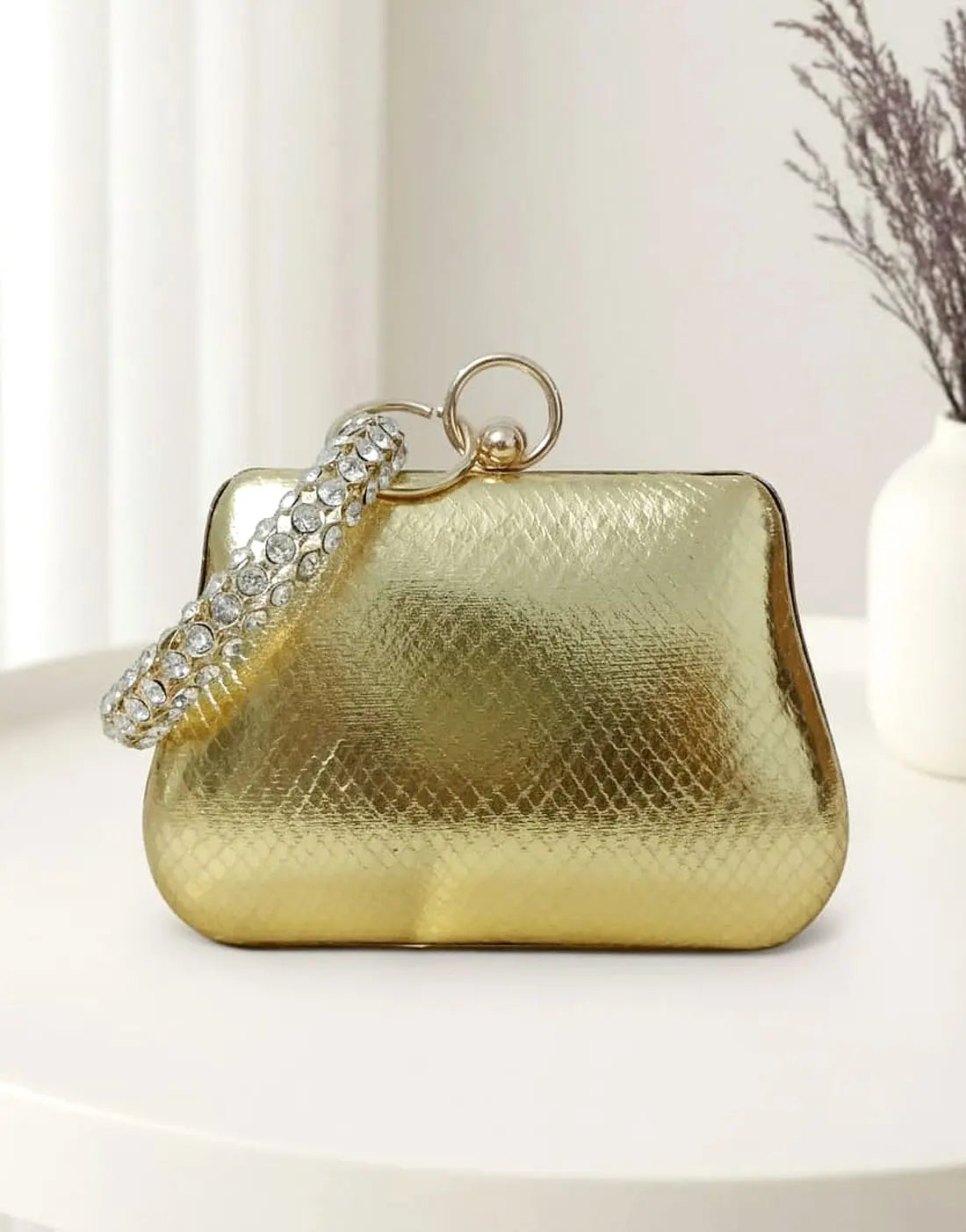 Glam Shine Trapezoid Shape Golden Clutch Bag for Weddings & Events