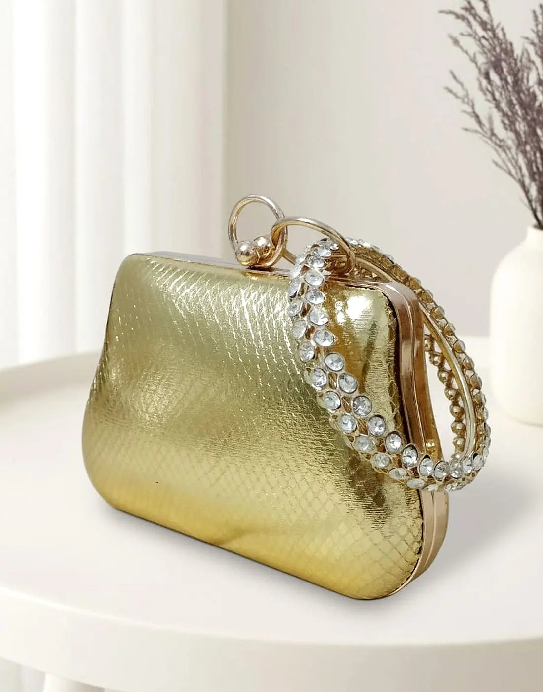 Glam Shine Trapezoid Shape Golden Clutch Bag for Weddings & Events