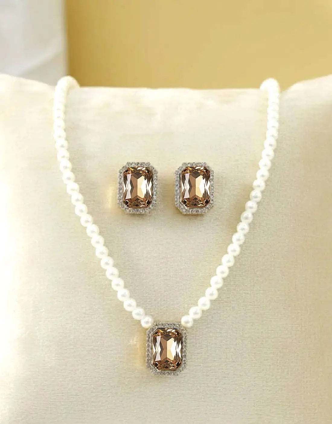Elegant Champagne Pearl Beaded Necklace Set with Matching Earrings
