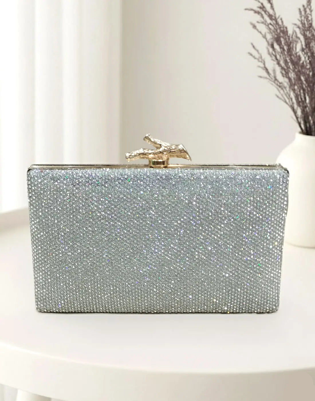 Rectangular Silver Diamante Clutch Purse – Perfect for Brides & Party Wear