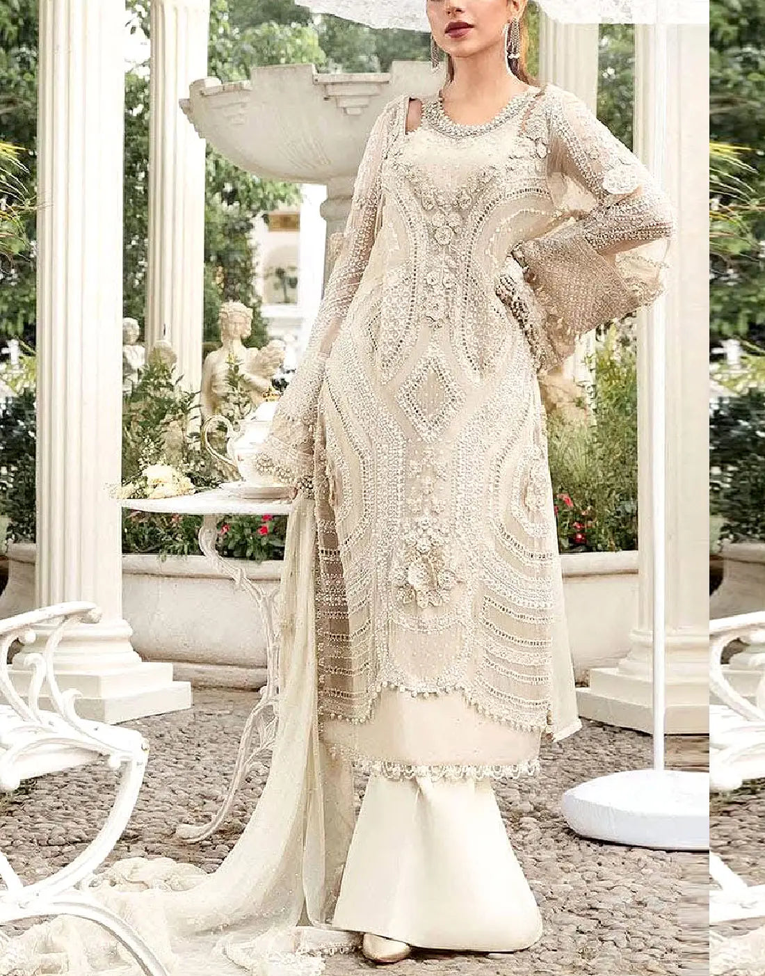 Classic Poise 3D Embroidered Chiffon Pearl Work Dress for Nikkah & Weddings