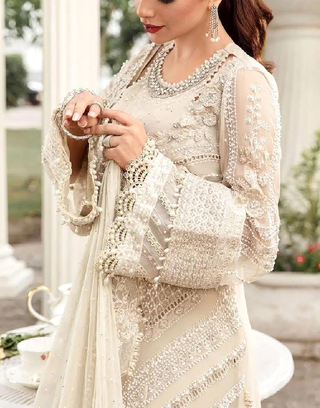 Classic Poise 3D Embroidered Chiffon Pearl Work Dress for Nikkah & Weddings