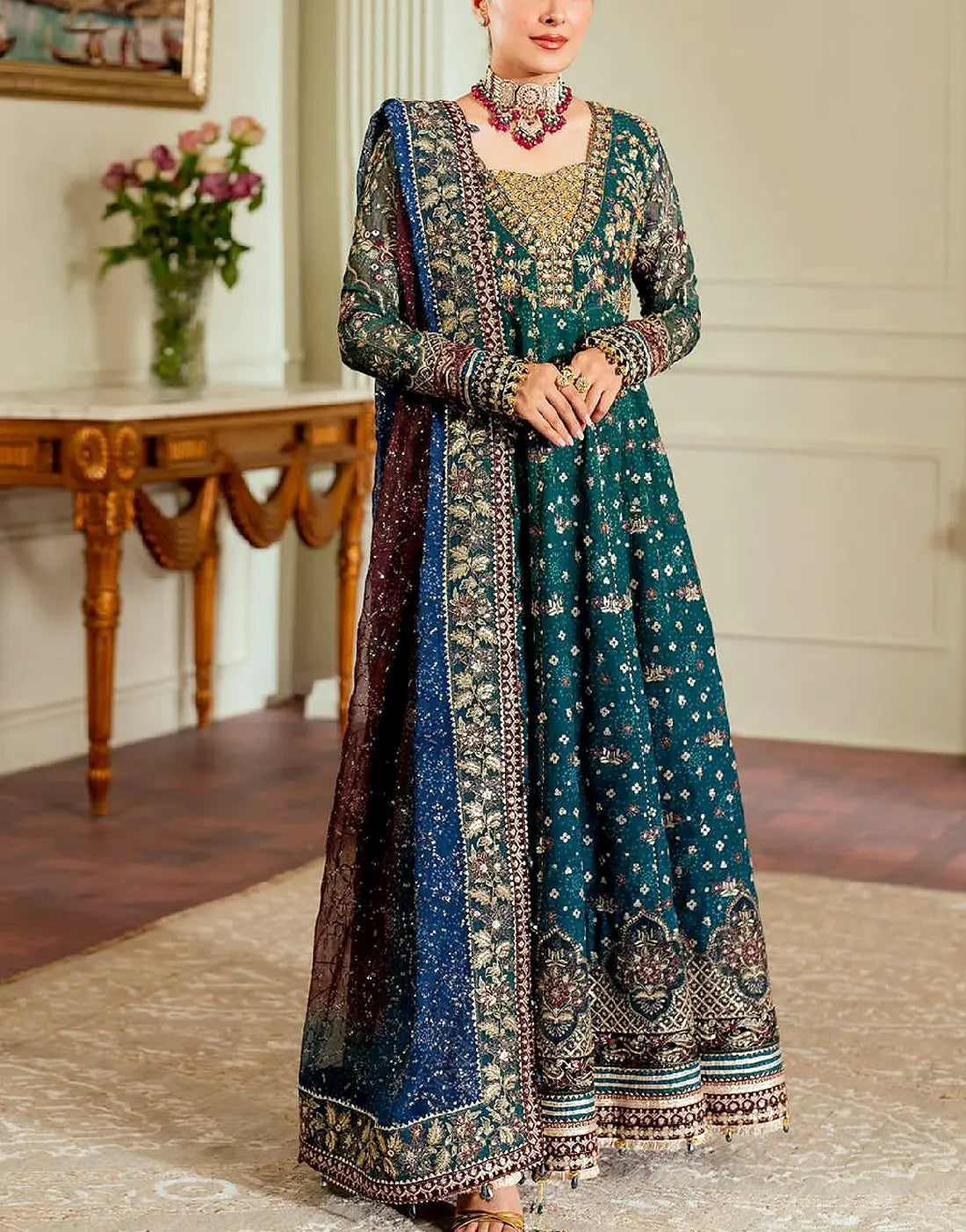 Luxury Embroidered Zinc Green Chiffon Maxi Dress Design for Mehndi & Weddings
