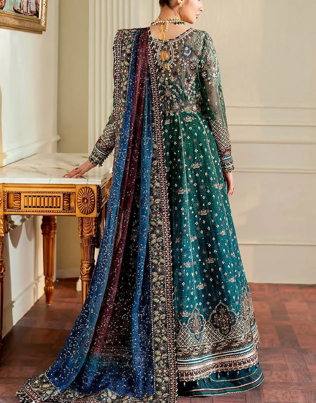 Luxury Embroidered Zinc Green Chiffon Maxi Dress Design for Mehndi & Weddings