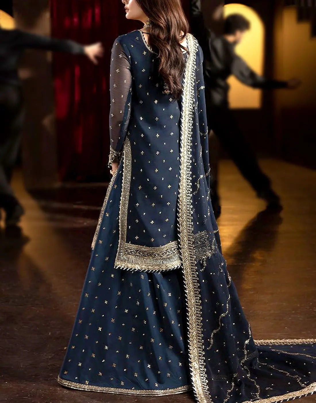 Glamorous Embroidered Navy Blue Chiffon Dress - Perfect for Party & Weddings